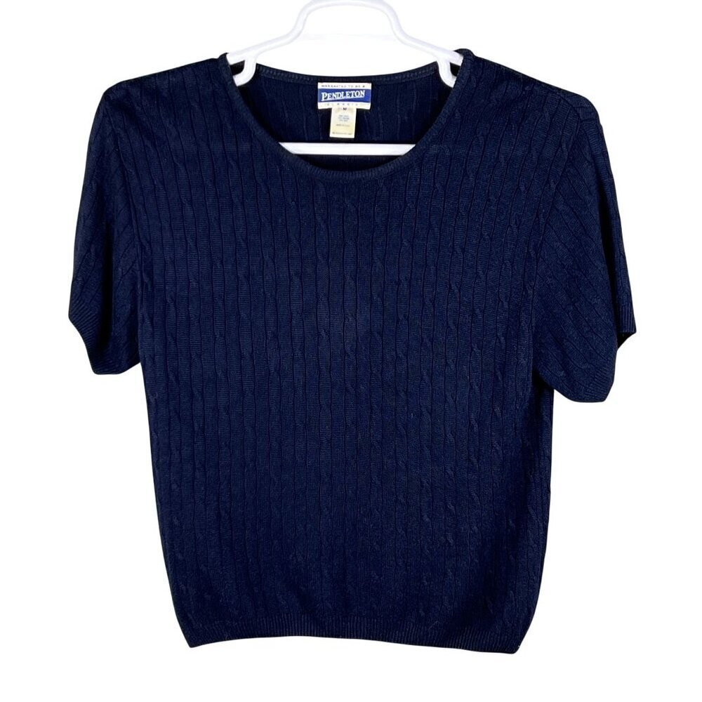 Pendleton Womens M Silk Blend Navy Cable Knit Sweater Top Quiet Luxury Timeless - Picture 2 of 11